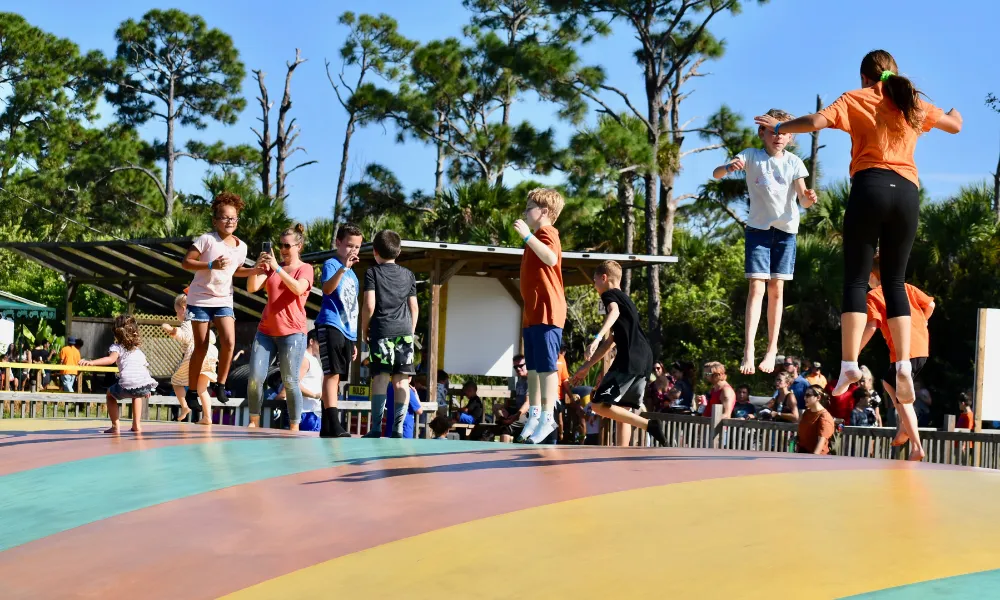 Children jumping on a "jumping pillow" on a bright sunny day